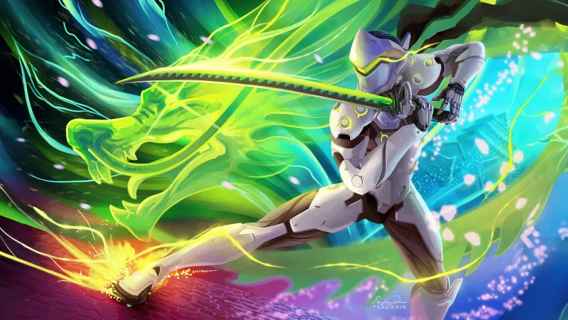 Genji 5K Wallpaper, Colorful art, Overwatch