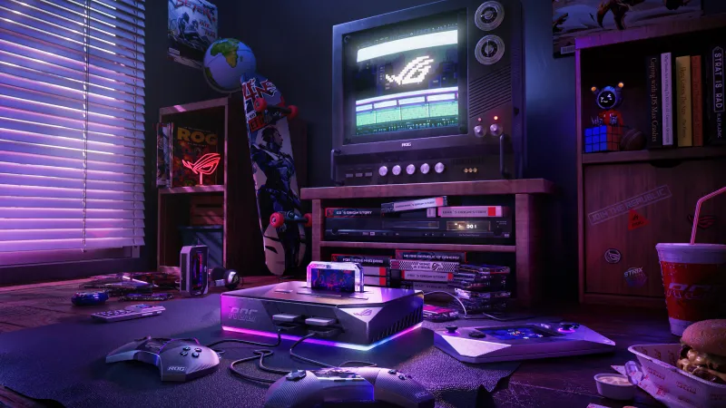 Retro, Gaming room, Gaming console, ASUS ROG 4K wallpaper, Republic of Gamers, Cozy, Aesthetic interior