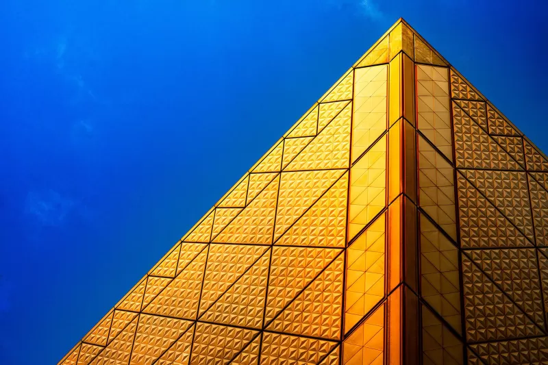 Pyramid Structure, Golden, Blue Sky, Modern architecture, 5K, 8K