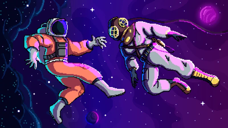 Astronauts, 8 bit 4K wallpaper, Pixel art, Illustration