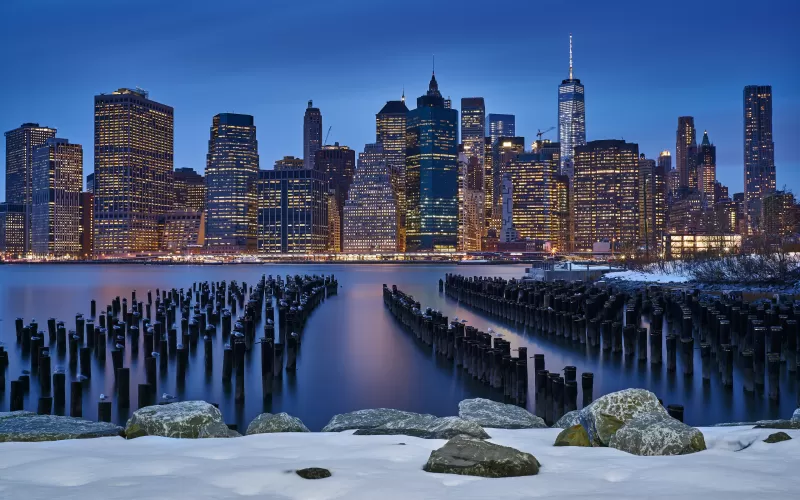 Manhattan, New York City, City lights, Cityscape, Blizzard, Night, Winter