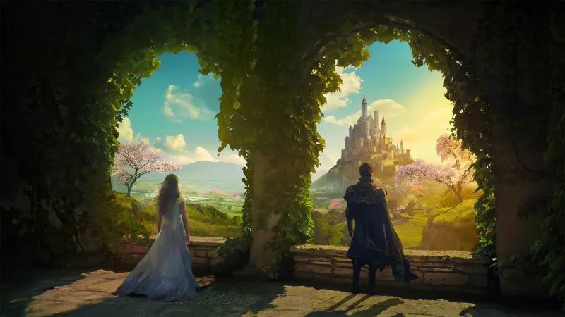 Prince and princess at castle view wallpaper, Fairytale, Arches