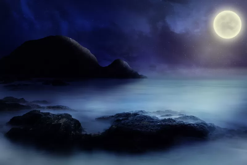 Full moon wallpaper, Misty sea, Night seascape