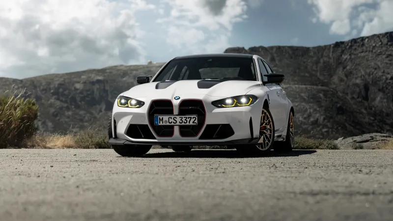 BMW M3 CS wallpaper, White performance sedan, Mountain road, 8K