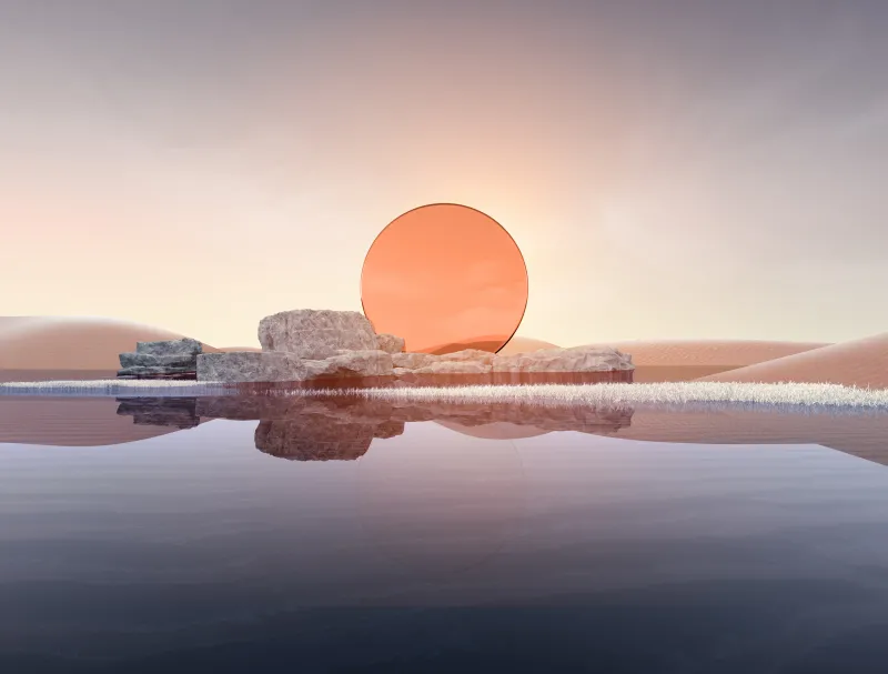 Peach glass circle wallpaper, Calm water, Surreal desert