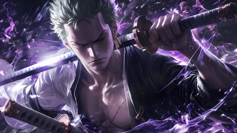 Roronoa Zoro, Purple aesthetic, 5K wallpaper, AI art, One Piece