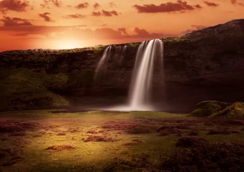 Waterfalls, Sunrise, Orange sky, Clouds, Grass Landscape, Rock, 5K