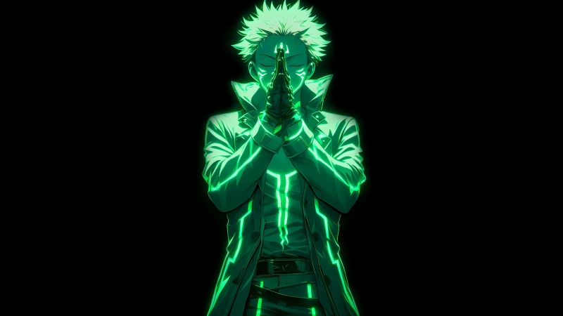 Sukuna, Green aesthetic, Black background, 5K wallpaper, Jujutsu Kaisen, AMOLED