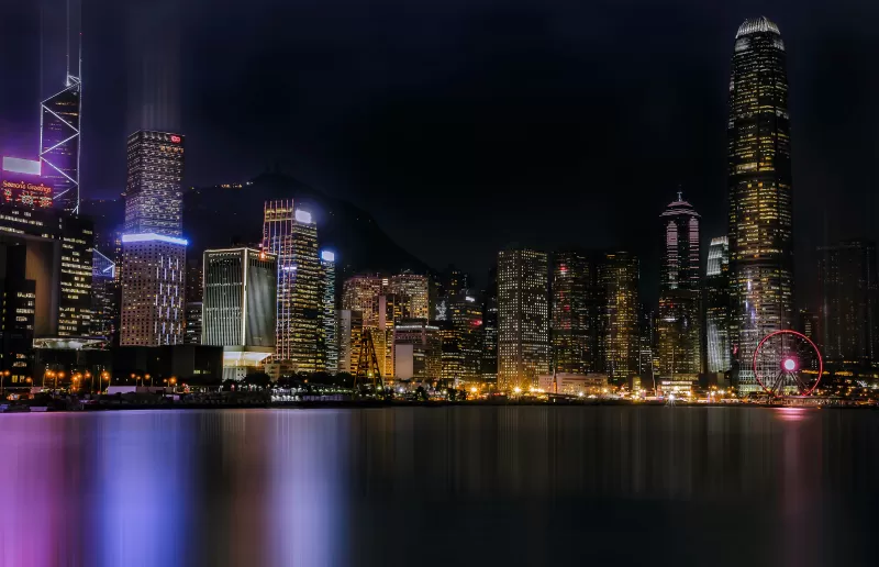 Hong Kong City, Cityscape, Architecture, Skyscrapers, Nightlife, Ferris wheel, Lights, River, Reflection, 5K