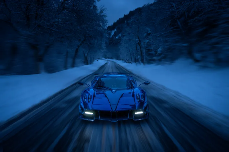Pagani Huayra Roadster, Snow covered, Winter Road, Winter forest, 5K, 8K wallpaper