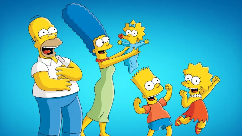 The Simpsons Family, Homer Simpson, Marge Simpson, Bart Simpson, Lisa Simpson, Simpson family, Blue background, Cartoon