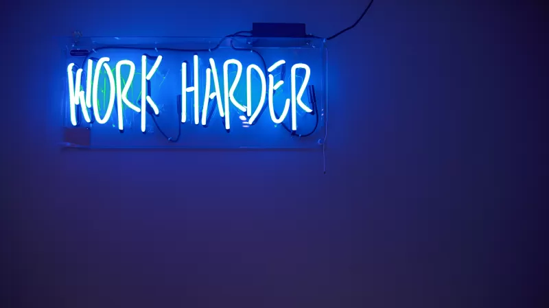 Work harder, Neon Lights, Blue background, Motivational