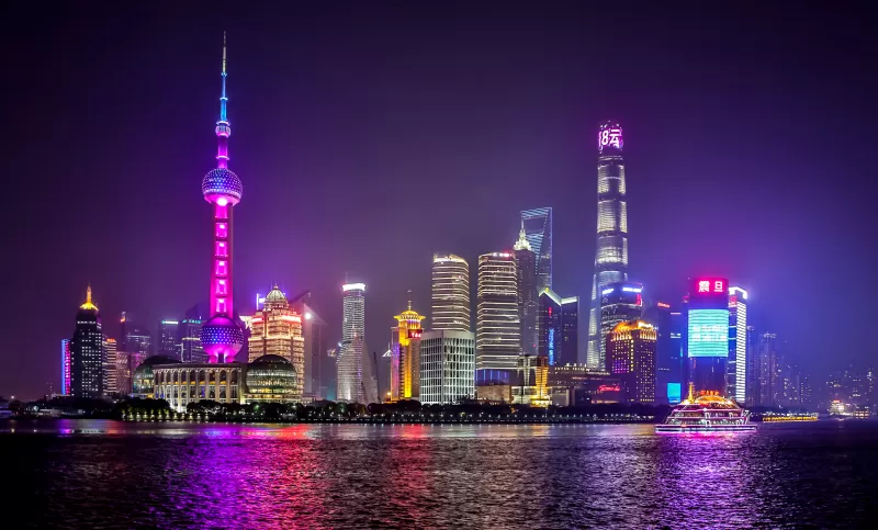 Shanghai City, Body of Water, Reflection, Skyscrapers, Night life, Cityscape, Lights, Architecture, 5K