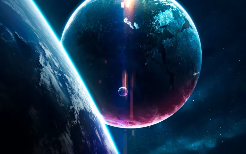 Planets, Earth horizon, Purple and blue, 4K wallpaper