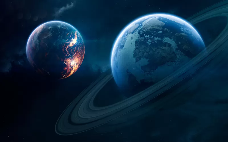 Ringed blue planet, Red planet, Space art, 4K wallpaper