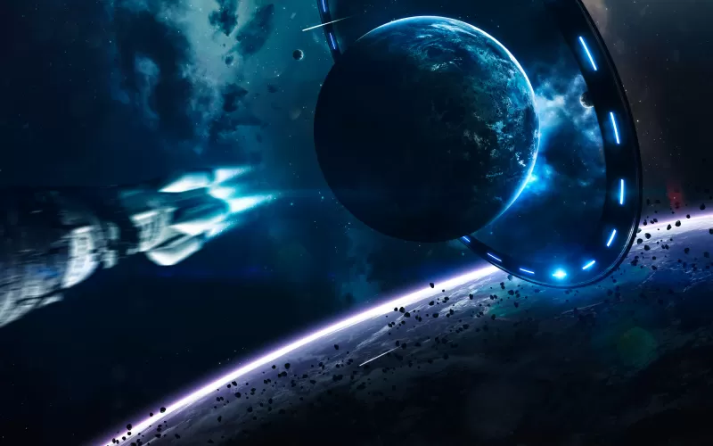 Space gateway wallpaper, Spaceship, Blue planet
