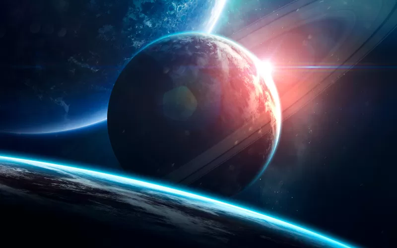 Planet with rings wallpaper, Sun flare, Space horizon
