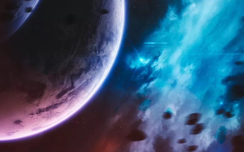 Purple planet, Blue nebula, Asteroids, 4K wallpaper