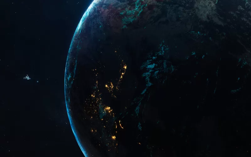 Earth-like planet wallpaper, City lights, Spaceship