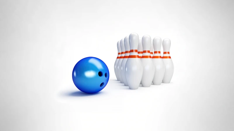 Bowling ball and pins wallpaper, White background, 3D