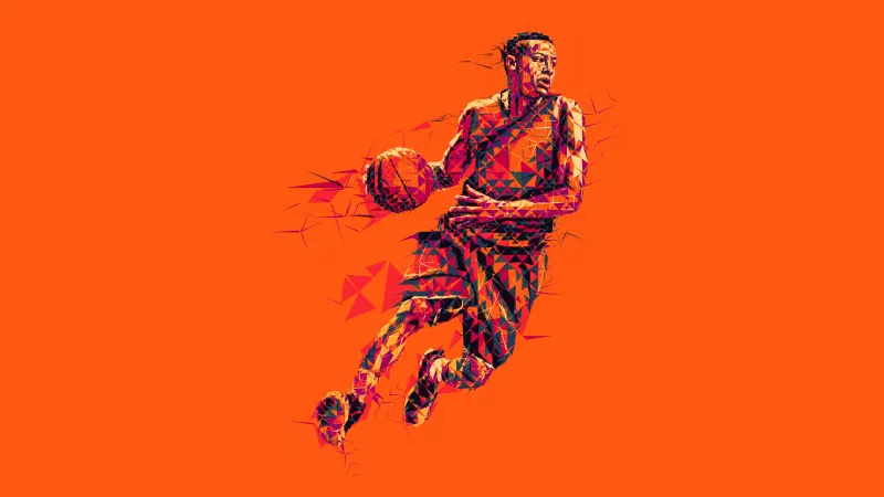 Basketball player, Low poly, Orange background, 5K, 8K wallpaper
