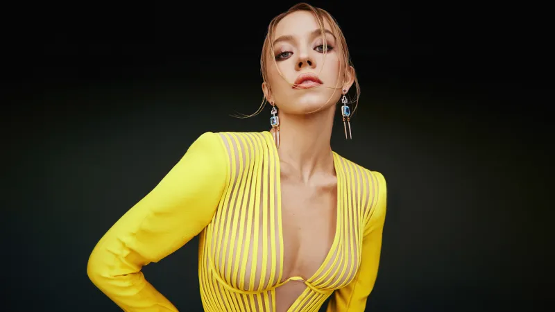 Sydney Sweeney 4K wallpaper, Yellow Dress, Dark background, Photoshoot