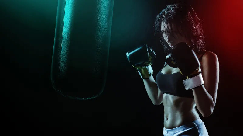 Boxing Woman, Boxer, Gloves, Dark background 4K