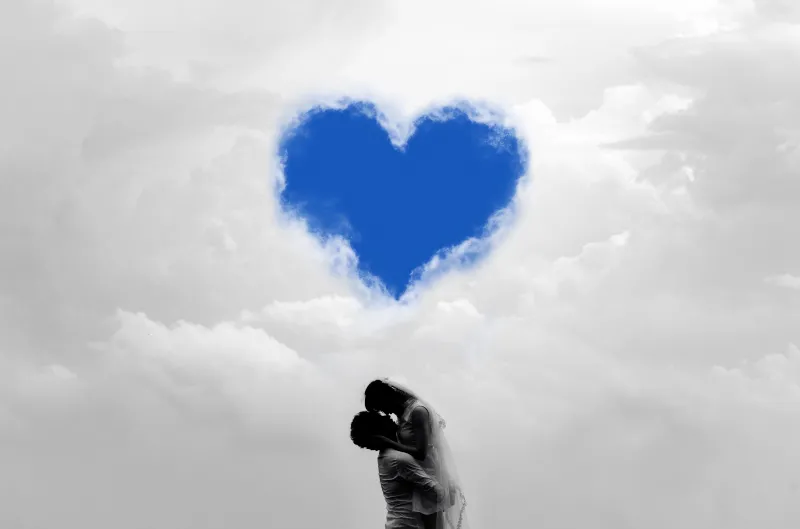 Love couple 5K Wallpaper, Cloudy Sky, Love heart, Blue Sky