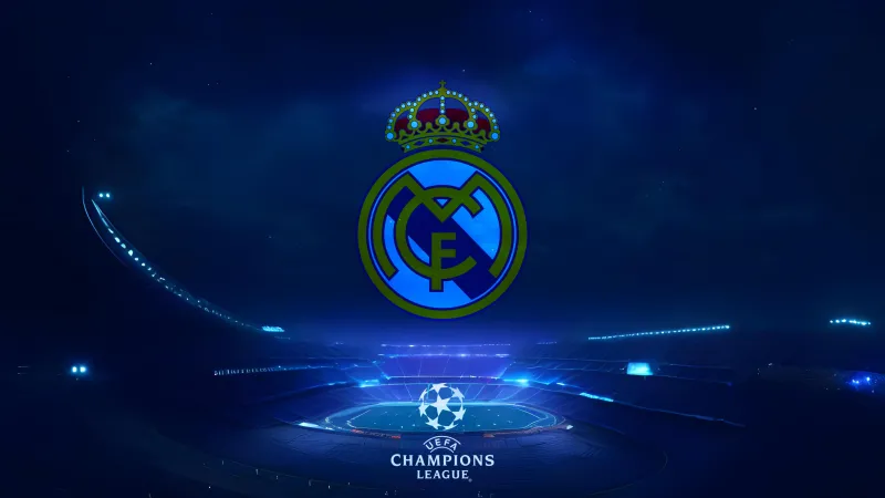 Real Madrid CF 4K wallpaper, UEFA Champions League, Logo, Football club, Stadium, Blue background