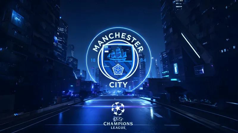 Manchester City FC 4K wallpaper, Futuristic, Neon logo, UEFA Champions League, Blue aesthetic, Football club