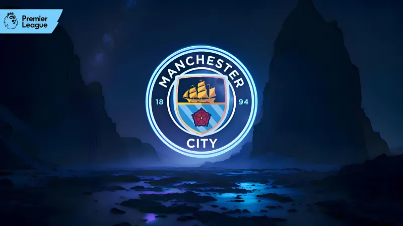 Manchester City FC, Neon logo, Premier League club, Glowing, Blue, 5K, 8K wallpaper