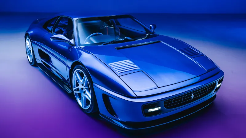Ferrari F355 by Pininfarina, Blue, Purple studio, Retro sports car, 5K wallpaper