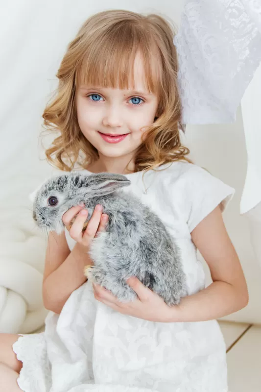 Cute Girl, Rabbit, Smiling girl, White, Blue eyes, Happiness
