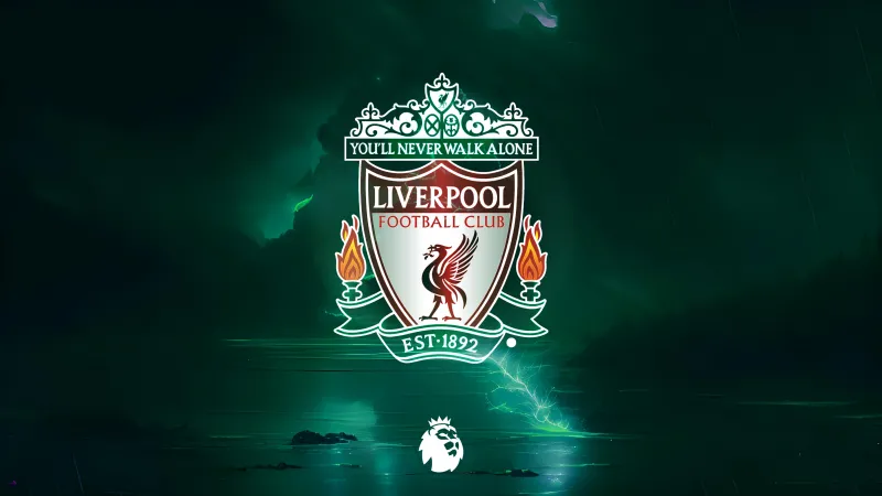 Liverpool FC 4K wallpaper, Premier League club, Football club, Logo, Green background