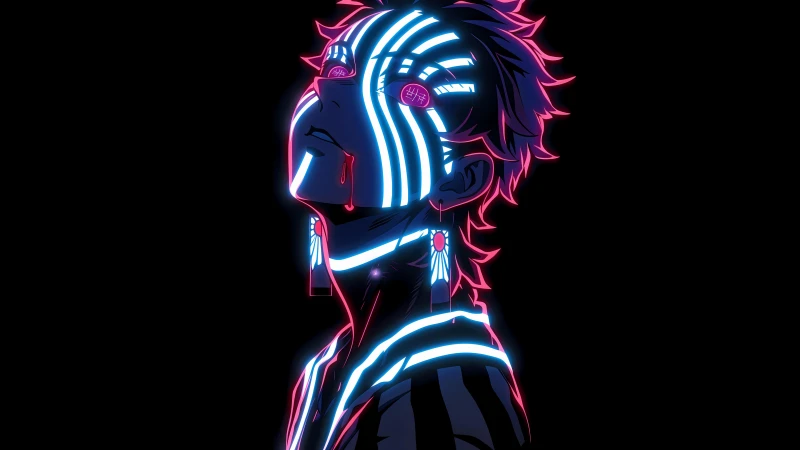 Neon, Akaza, Demon Slayer: Kimetsu no Yaiba, Black background, 5K wallpaper, AMOLED, Neon glow