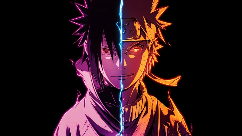 Sasuke Uchiha, Naruto Uzumaki, 5K wallpaper, AMOLED, Black background, AI art