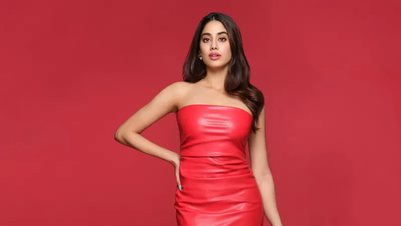 Janhvi Kapoor, Red aesthetic, 5K wallpaper, Indian actress, Red background, Red dress