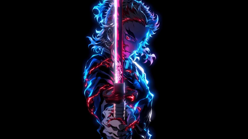 Kyojuro Rengoku, Neon glow, AMOLED Black background 5K, Demon Slayer: Kimetsu no Yaiba, Katana