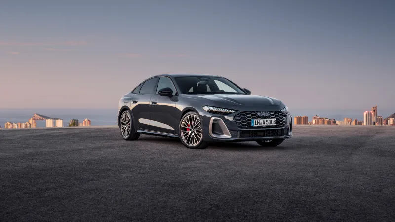 Audi A5 sedan, Grey, Seaside dusk, Benidorm skyline, 2024, 8K wallpaper