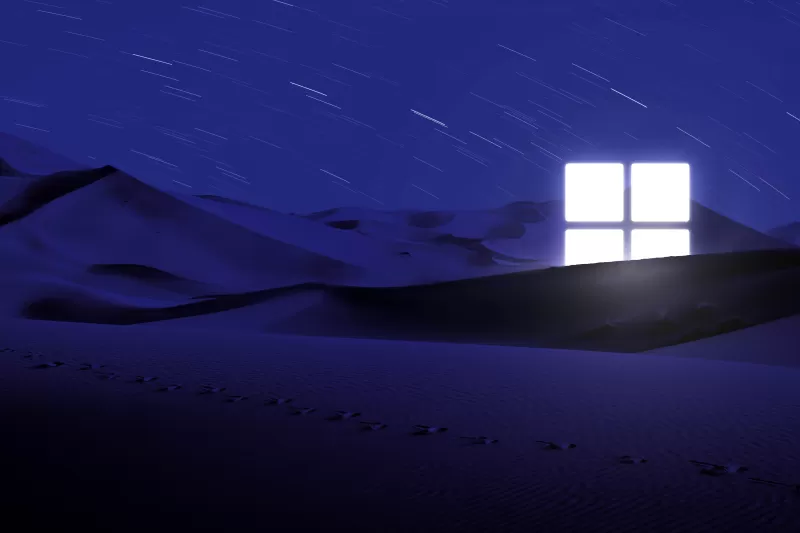 Desert, Night, Blue, Windows logo, Glowing, Star Trails, Illuminated, 5K