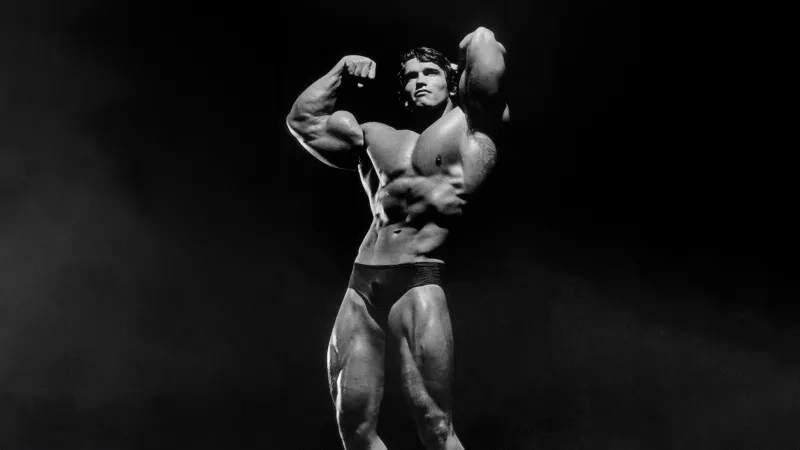 Arnold Schwarzenegger, Bodybuilder, Dark background, Monochrome, 5K wallpaper