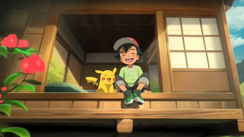 Ash Ketchum, Pikachu, Adorable, Scenic, 5K wallpaper, Laughing, Pokemon