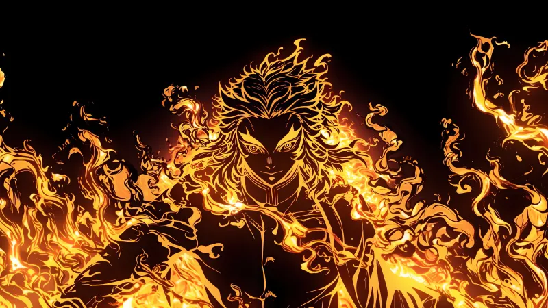 Kyojuro Rengoku, Fire effect, Demon Slayer: Kimetsu no Yaiba, Dark background, 5K wallpaper