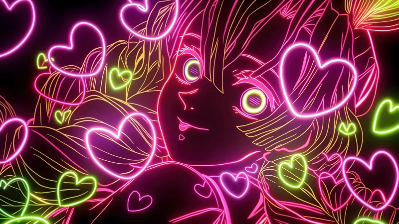 Mitsuri Kanroji, Pink aesthetic, Demon Slayer: Kimetsu no Yaiba, Pink hearts, Neon art, 5K wallpaper