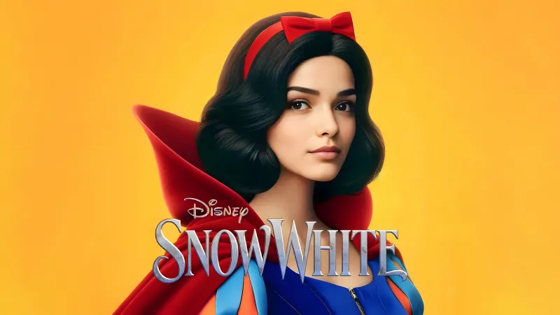 Rachel Zegler as Snow White, 8K wallpaper, Yellow background