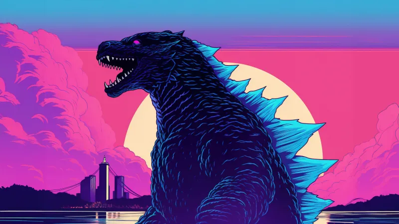 Godzilla, Retrowave 4K wallpaper, Kaiju, Desktop background 5K