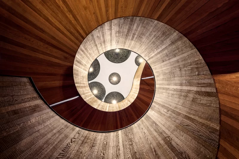 Wooden spiral staircase, Architecture, Curves, 5K wallpaper