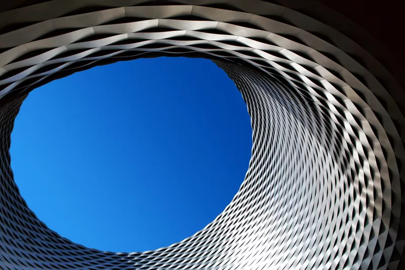 Steel Eye, Modern architecture, Patterns, Geometrical, Blue Sky, Looking up at Sky, Circle, Texture, 5K