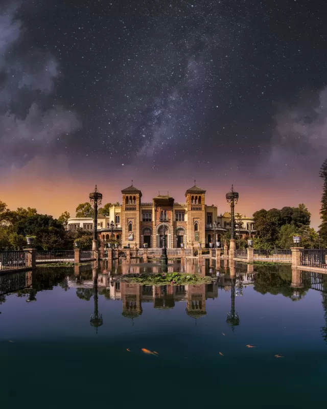 Castle, Water, Fountain, Reflection, Outer space, Milky Way, Stars, Pond, Sunset, 5K