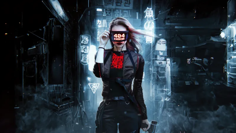 404 Error, 5K wallpaper, Cyberpunk girl, 404 not found, Future tech, Futuristic